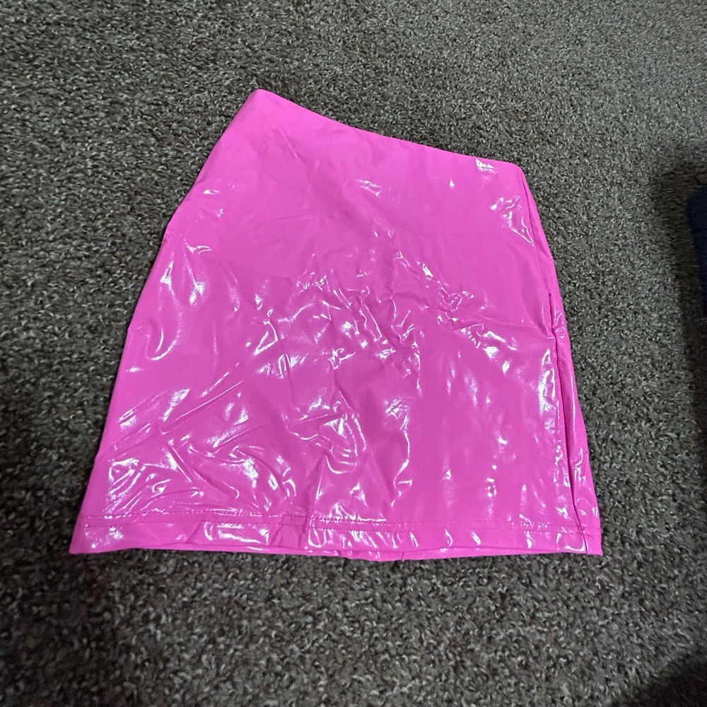 Bright pink vinyl skirt